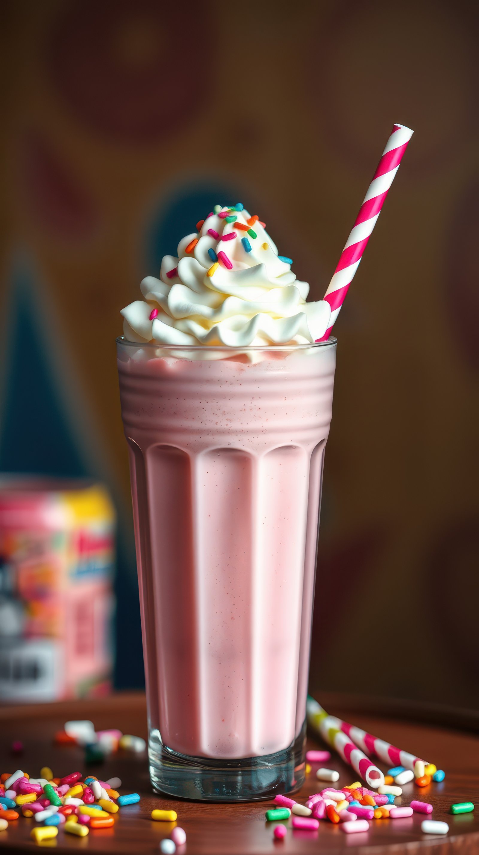 Colorful milkshake topped with whipped cream and sprinkles served in a tall glass on a wooden table